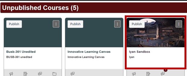 List of courses in the Unpublished course section. One course highlighted