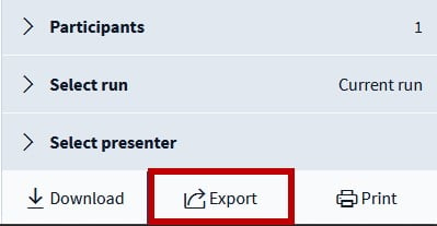 report summery with three buttons on the bottom: download, export, print. the Export button is highlighted