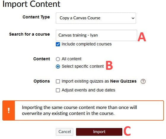 options for selecting specific content. Red letters are next to the options in relation to the above text instructions 