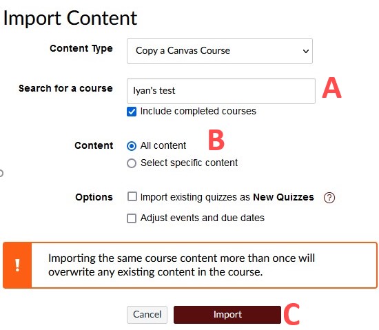 course upload settings with red letters corresponding to each step in the process as mentioned above