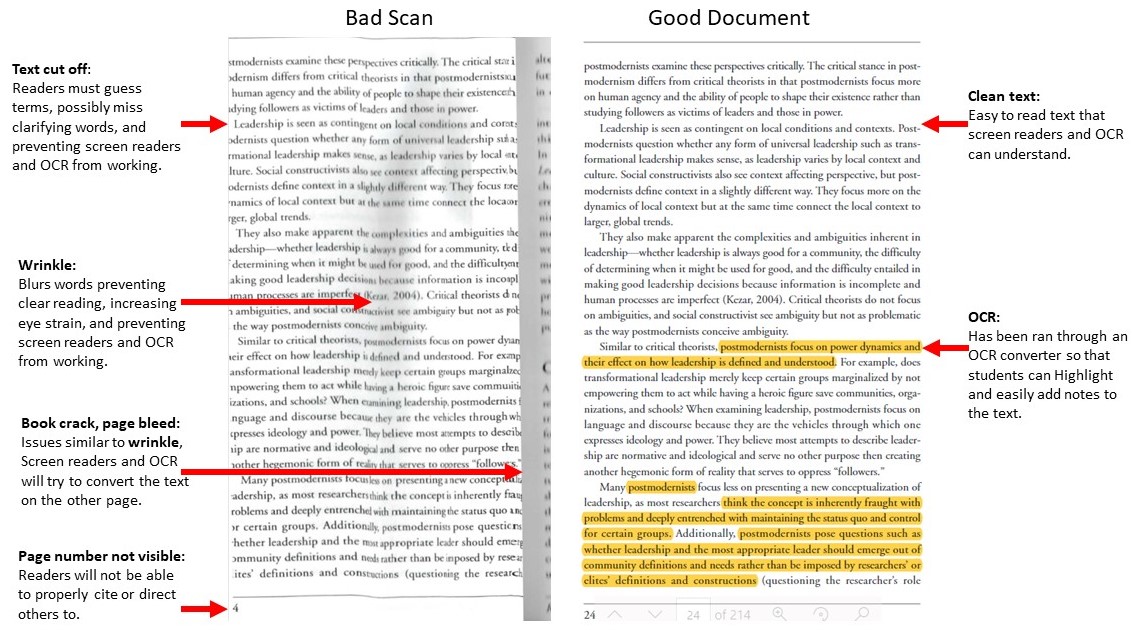 camparing a bad document scan to a good document. Points out wrinkles, bad croping, and book creases on the Bad scan. On the good notes clarity and the ablity to Highlight,